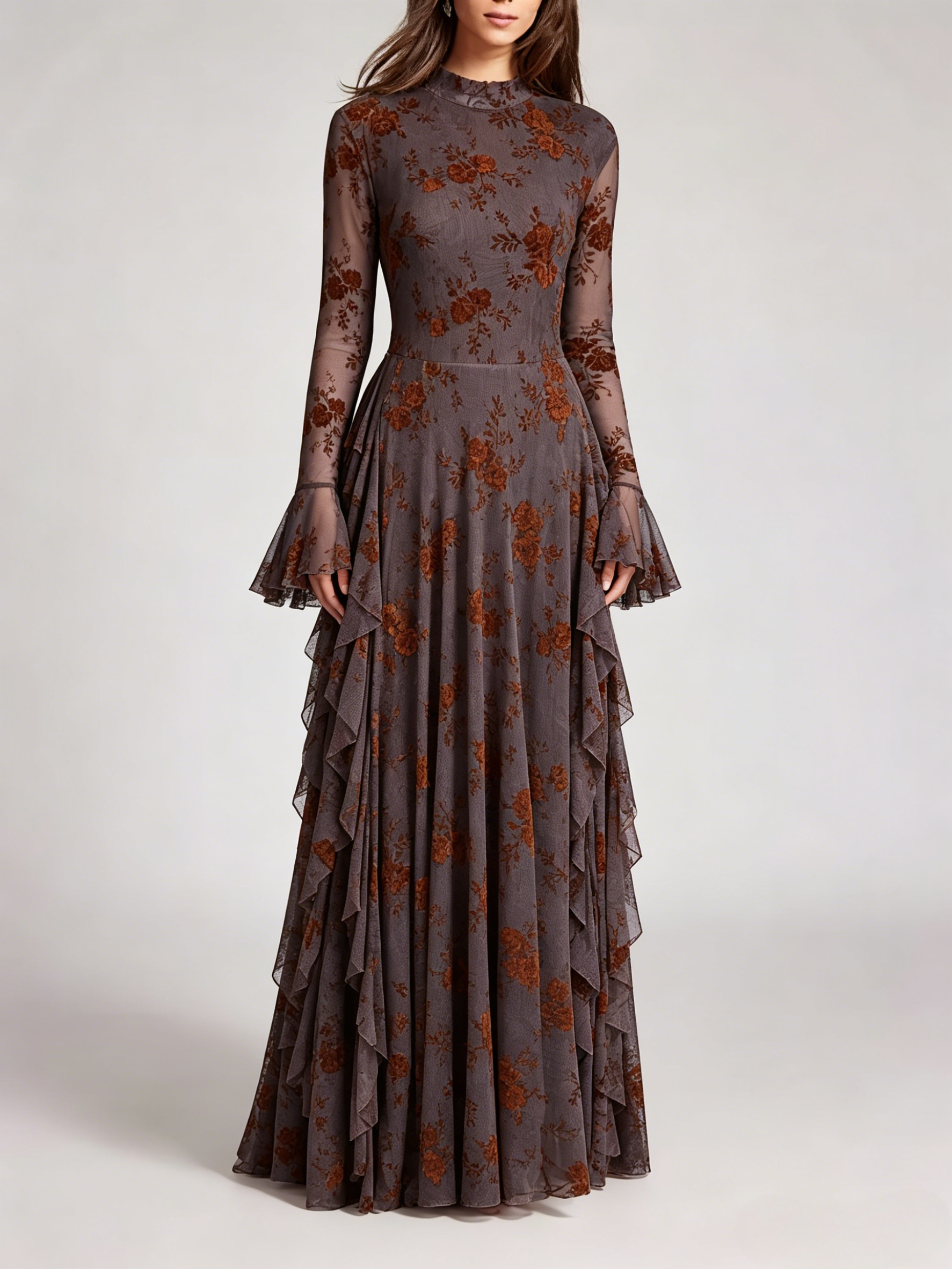 Party Dress Maxi Stand Collar Long Sleeves Floral Print Long Flared Sleeves Deep Brown Gown