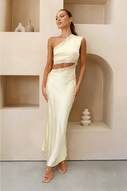 Satin One Shoulder Lace Trim Side Cut Out Maxi Dress