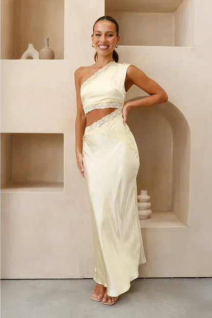Satin One Shoulder Lace Trim Side Cut Out Maxi Dress