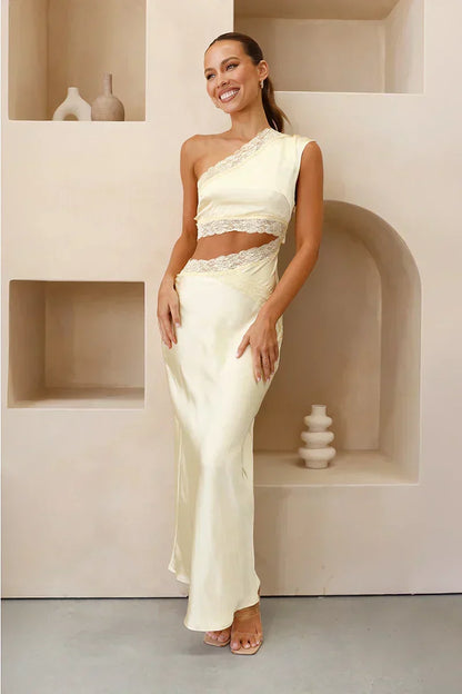 Satin One Shoulder Lace Trim Side Cut Out Maxi Dress