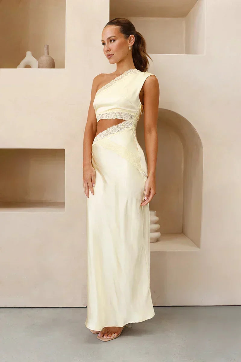 Satin One Shoulder Lace Trim Side Cut Out Maxi Dress
