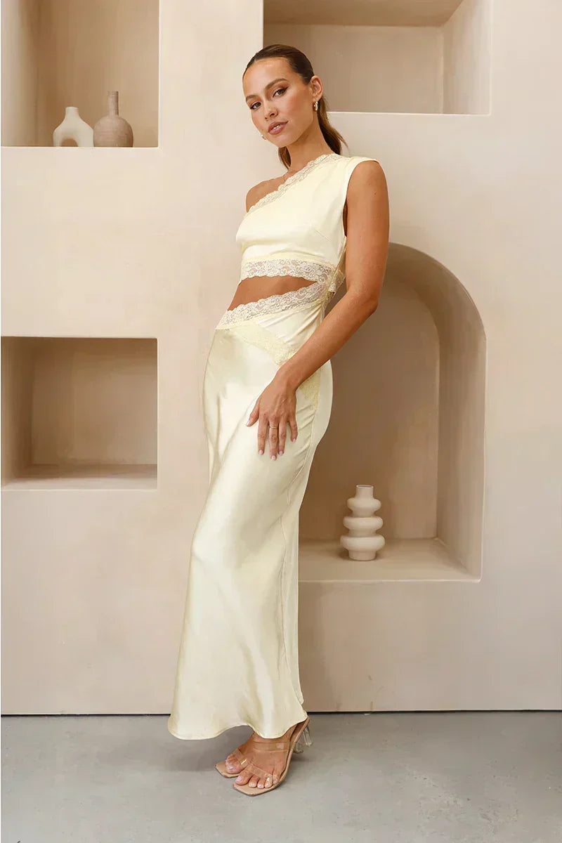 Satin One Shoulder Lace Trim Side Cut Out Maxi Dress