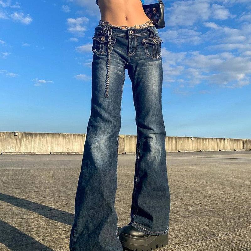 DressBetty - Y2K Jeans Low Rise Trousers Blue Vintage Gothic Print Baggy Casual Wide Leg Denim Aesthetic