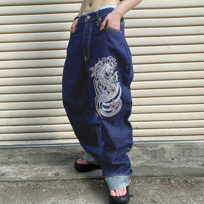DressBetty - Y2K Jeans Low Rise Trousers Blue Vintage Gothic Print Baggy Casual Wide Leg Denim Aesthetic