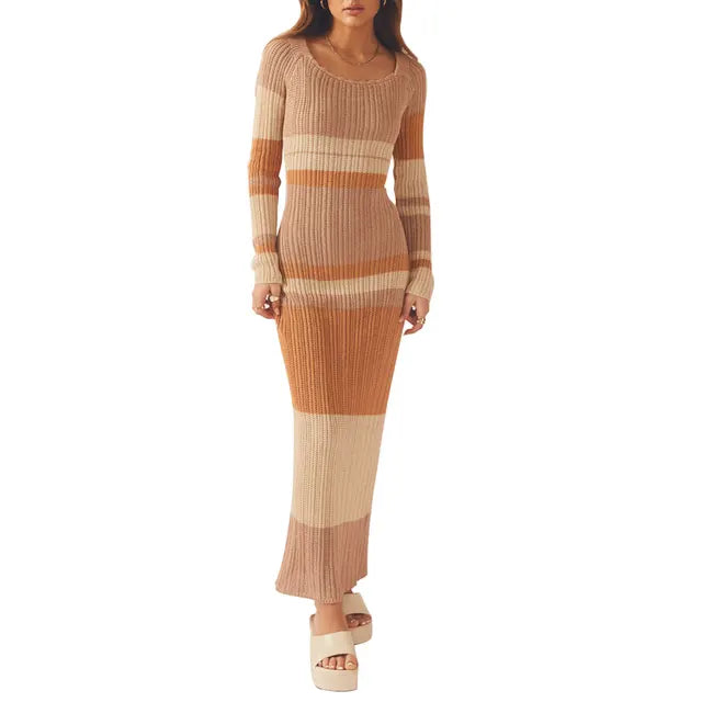 Square Neck Ribbed Knit Horizontal Stripe Long Sleeve Maxi Dress