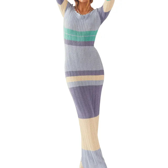 Square Neck Ribbed Knit Horizontal Stripe Long Sleeve Maxi Dress
