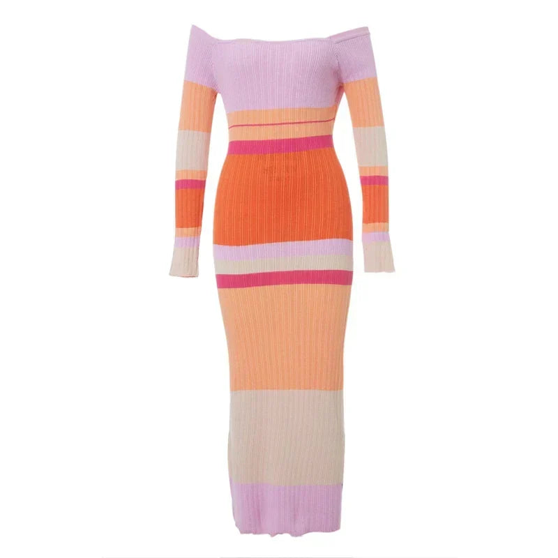 Square Neck Ribbed Knit Horizontal Stripe Long Sleeve Maxi Dress