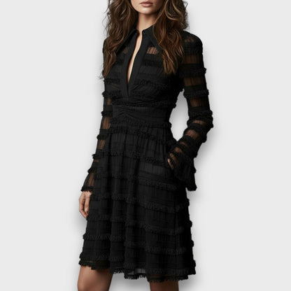 Women's Ruched V-Neck Midi Dress – Elegant Long Sleeve Black Evening Dress