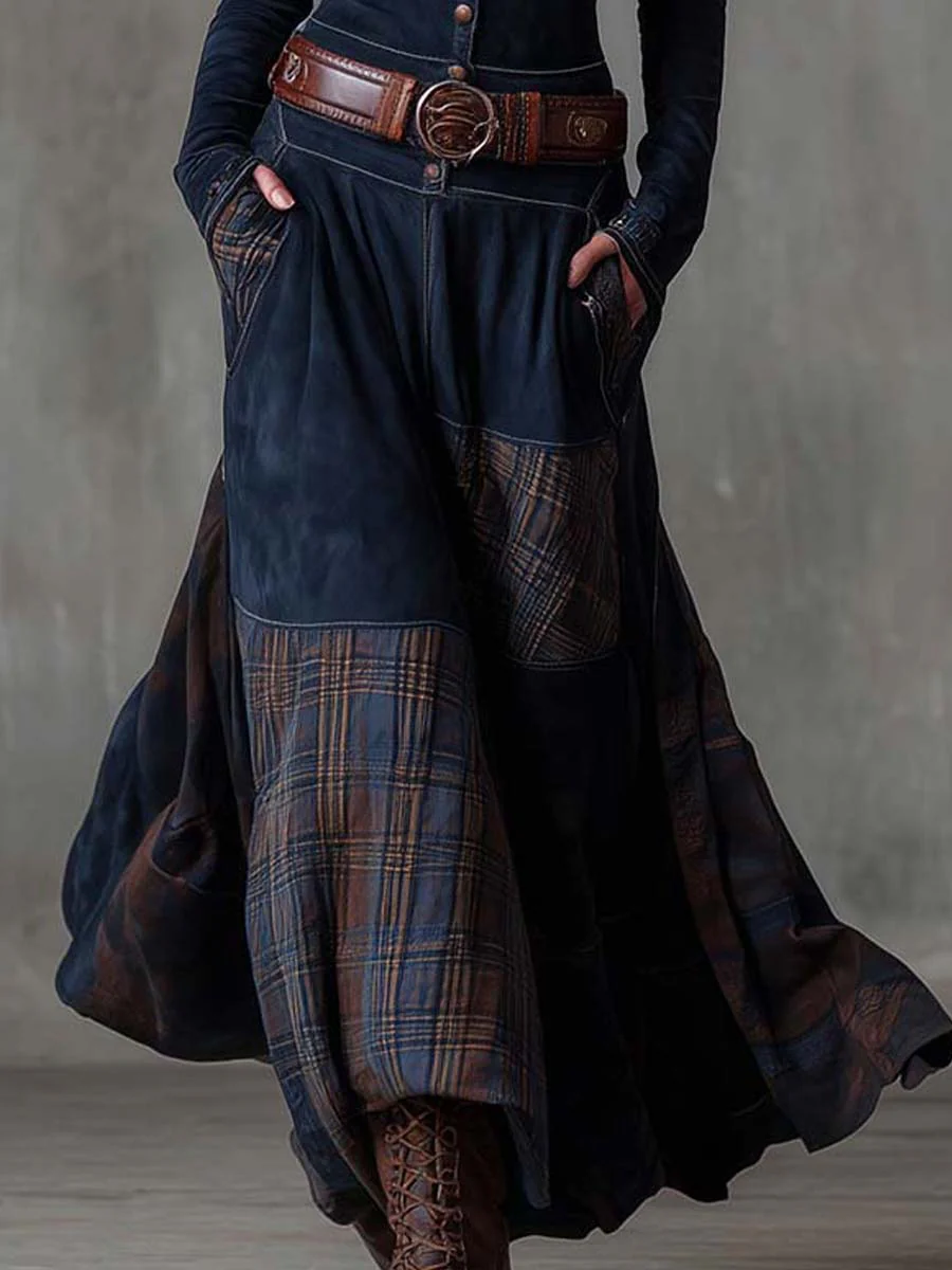 Mandarin Collar Button Front Belted Tartan Panel Pocket Maxi Dress