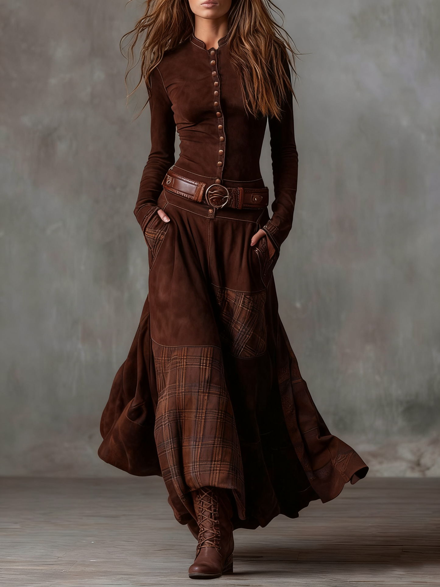 Mandarin Collar Button Front Belted Tartan Panel Pocket Maxi Dress