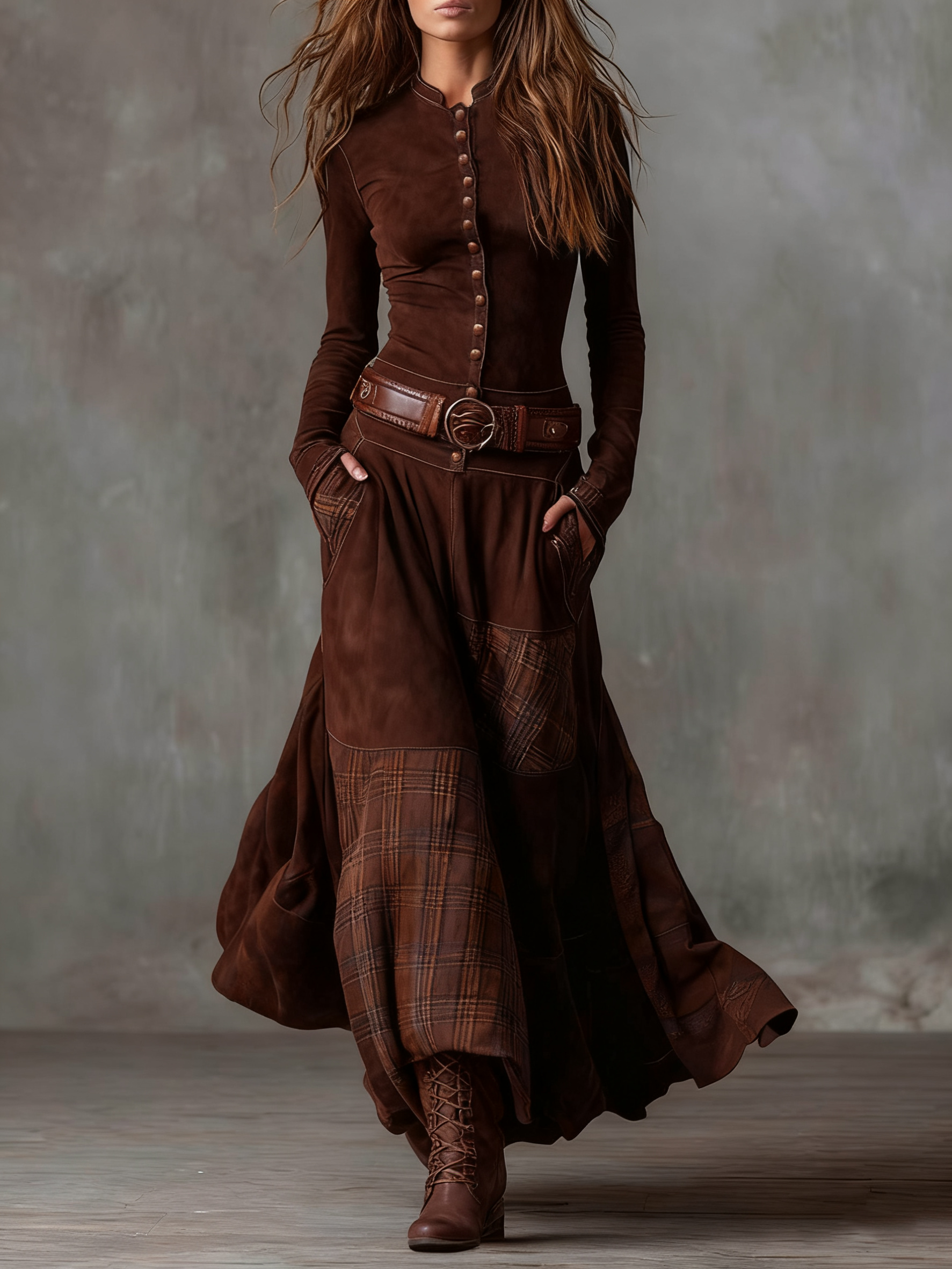 Mandarin Collar Button Front Belted Tartan Panel Pocket Maxi Dress