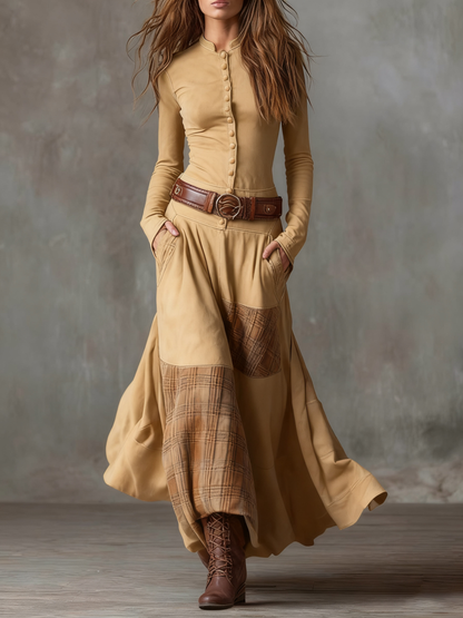 Mandarin Collar Button Front Belted Tartan Panel Pocket Maxi Dress