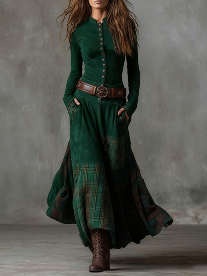 Mandarin Collar Button Front Belted Tartan Panel Pocket Maxi Dress