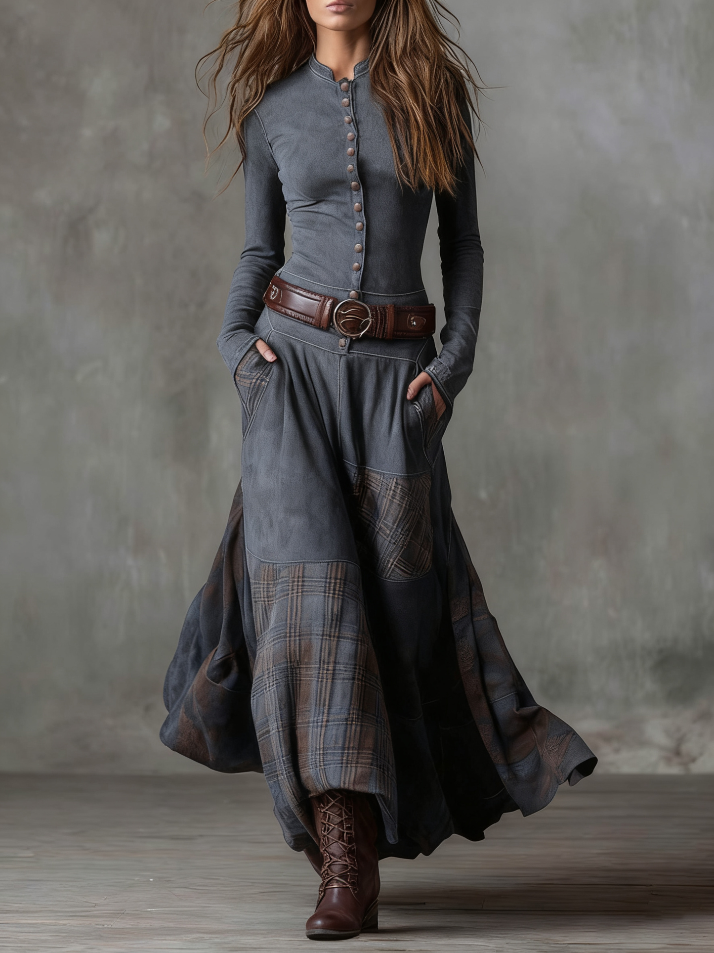 Mandarin Collar Button Front Belted Tartan Panel Pocket Maxi Dress