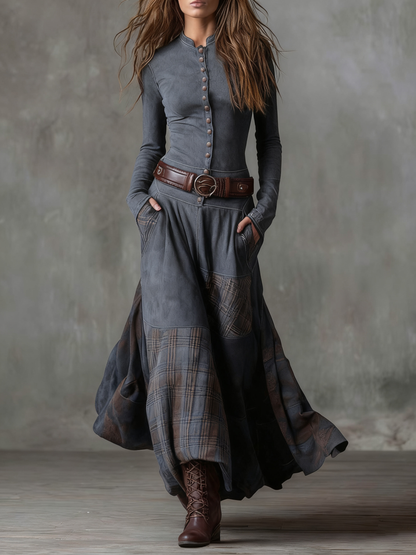 Mandarin Collar Button Front Belted Tartan Panel Pocket Maxi Dress