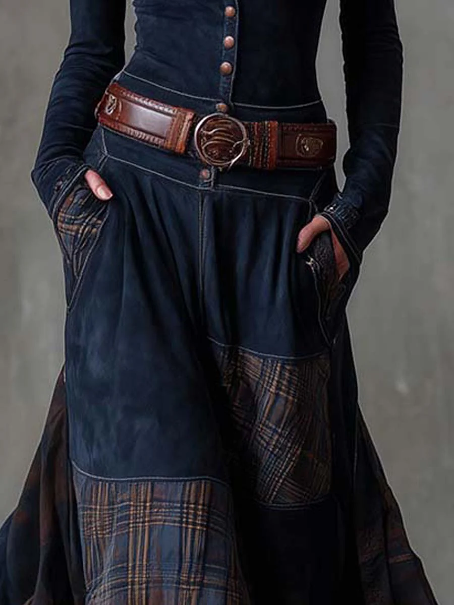 Mandarin Collar Button Front Belted Tartan Panel Pocket Maxi Dress