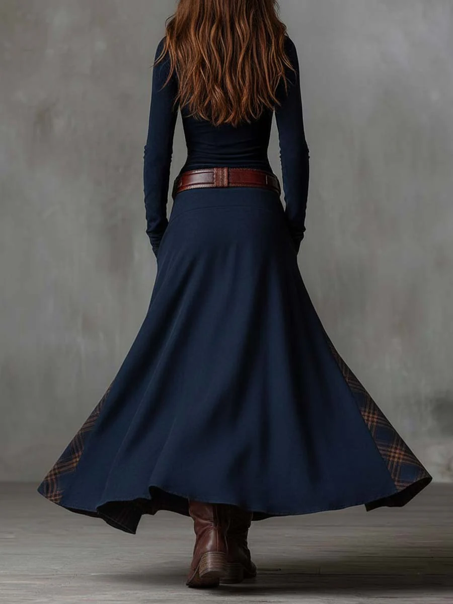 Mandarin Collar Button Front Belted Tartan Panel Pocket Maxi Dress