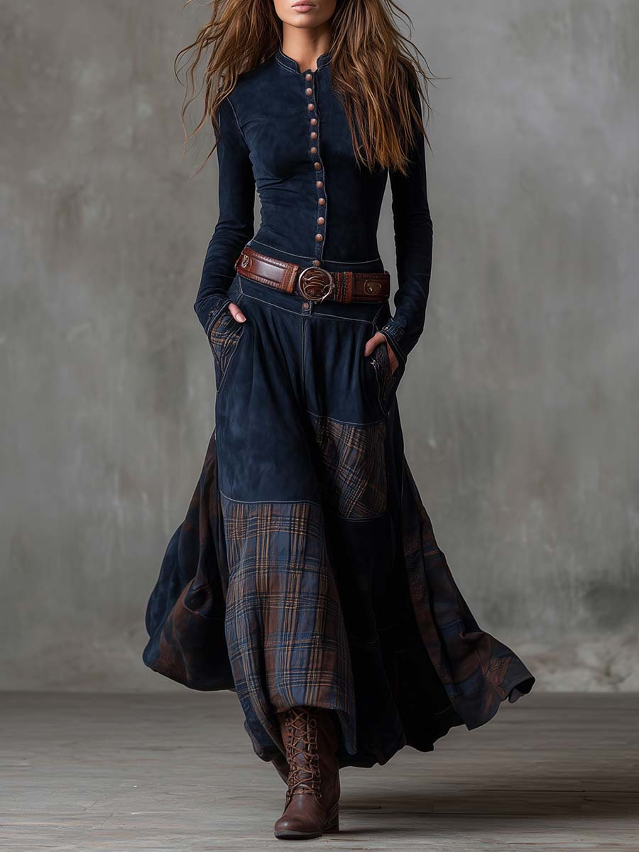 Mandarin Collar Button Front Belted Tartan Panel Pocket Maxi Dress