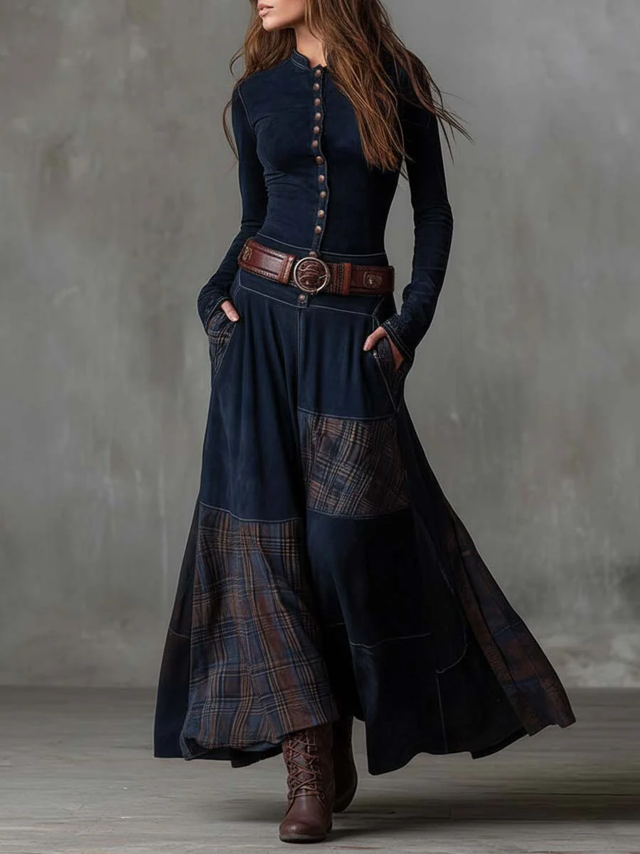 Mandarin Collar Button Front Belted Tartan Panel Pocket Maxi Dress