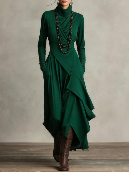 Funnel Neck Wrap Front Layered Handkerchief Hem Side Pocket Maxi Dress