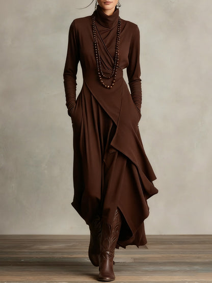 Funnel Neck Wrap Front Layered Handkerchief Hem Side Pocket Maxi Dress
