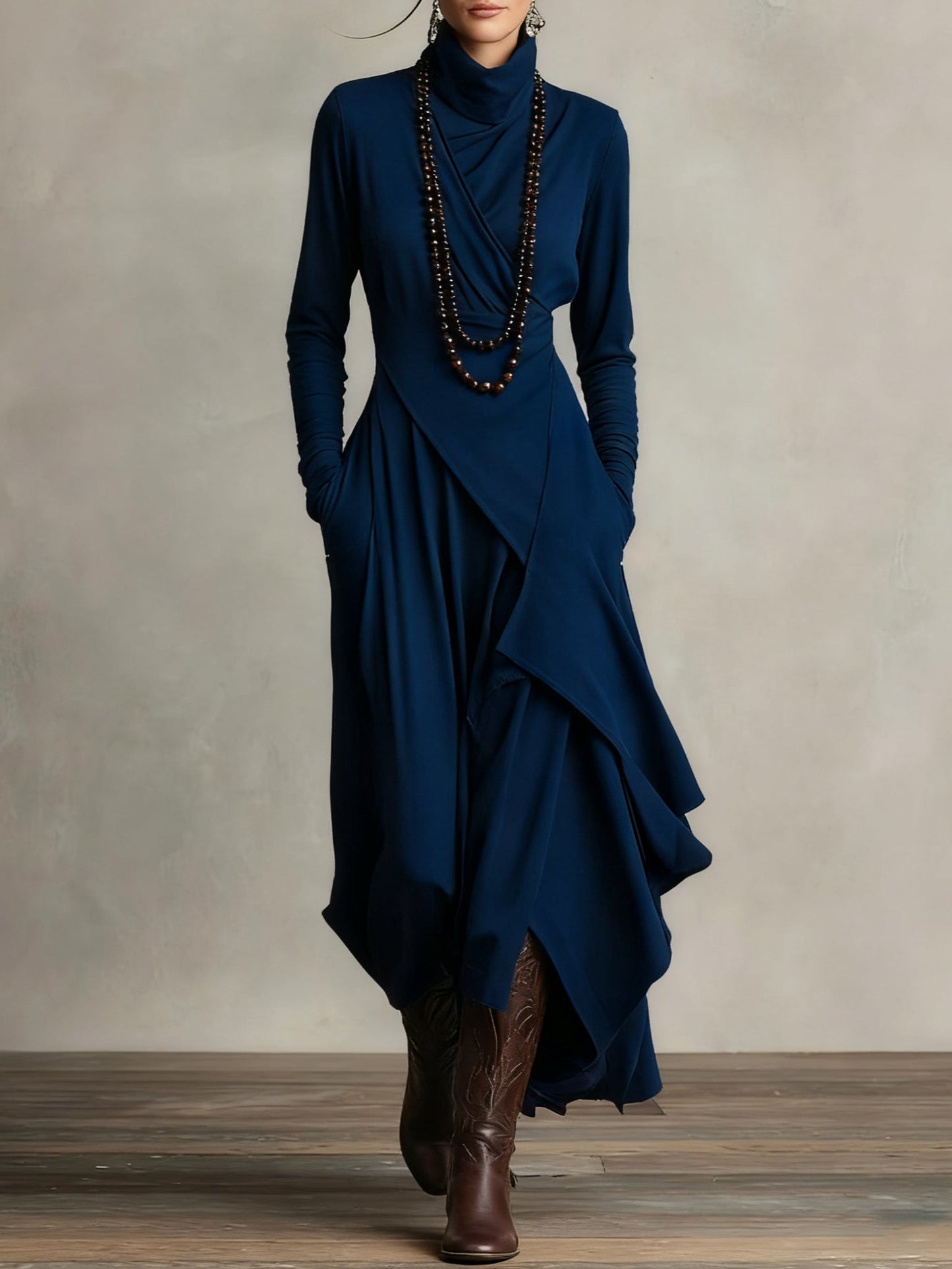 Funnel Neck Wrap Front Layered Handkerchief Hem Side Pocket Maxi Dress