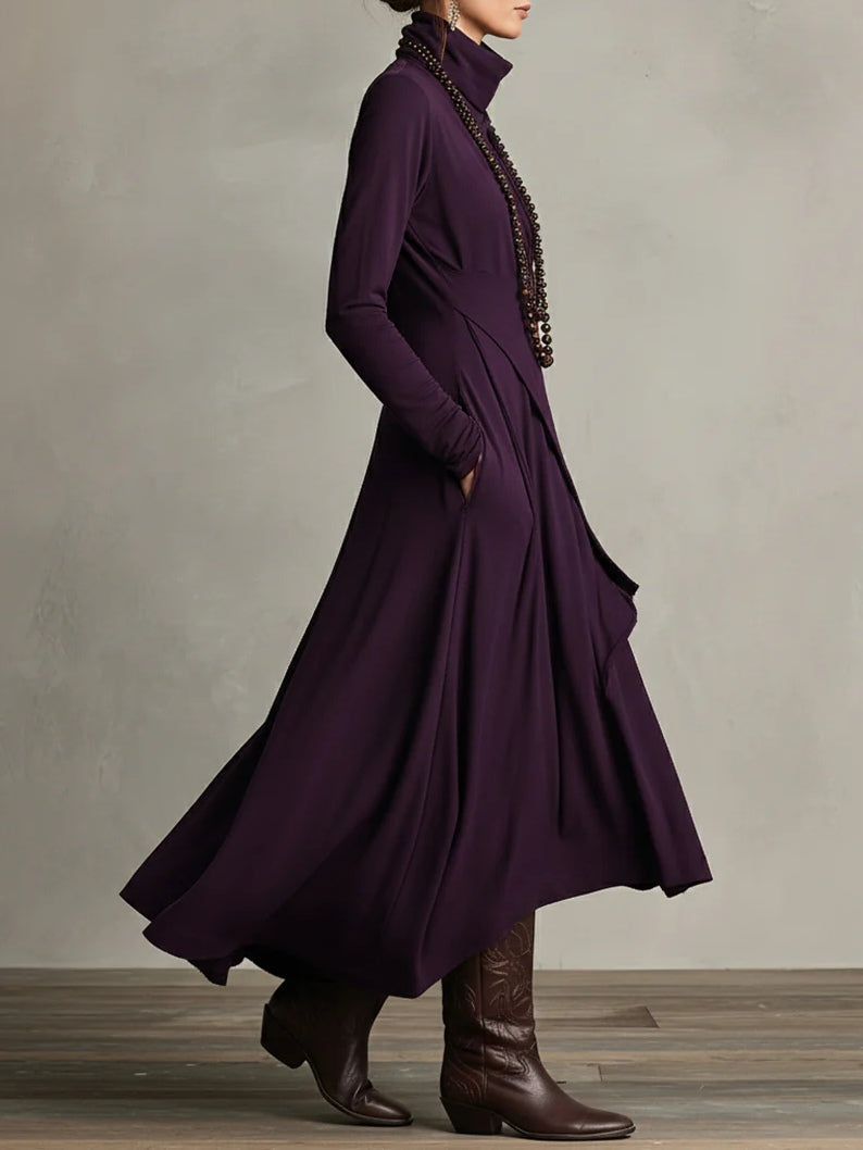 Funnel Neck Wrap Front Layered Handkerchief Hem Side Pocket Maxi Dress