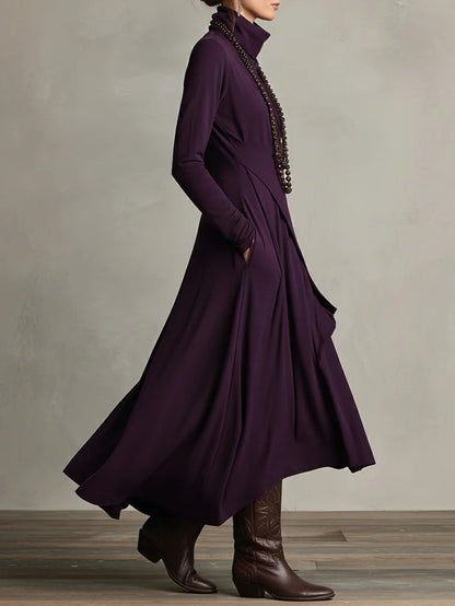 Funnel Neck Wrap Front Layered Handkerchief Hem Side Pocket Maxi Dress