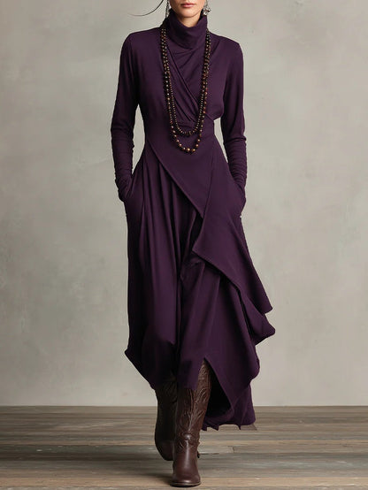 Funnel Neck Wrap Front Layered Handkerchief Hem Side Pocket Maxi Dress