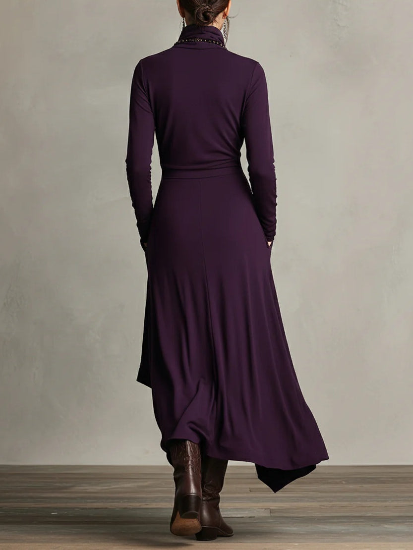 Funnel Neck Wrap Front Layered Handkerchief Hem Side Pocket Maxi Dress