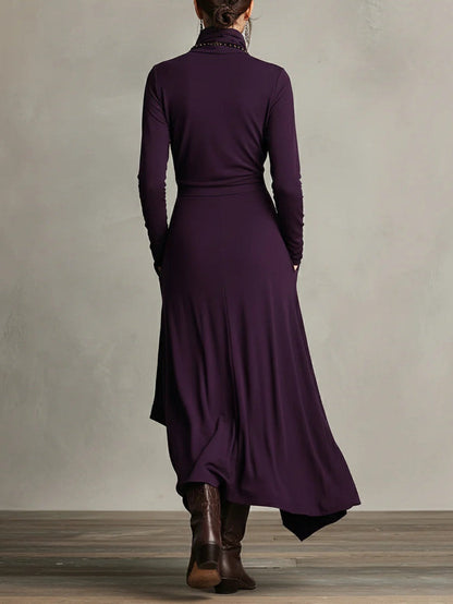Funnel Neck Wrap Front Layered Handkerchief Hem Side Pocket Maxi Dress