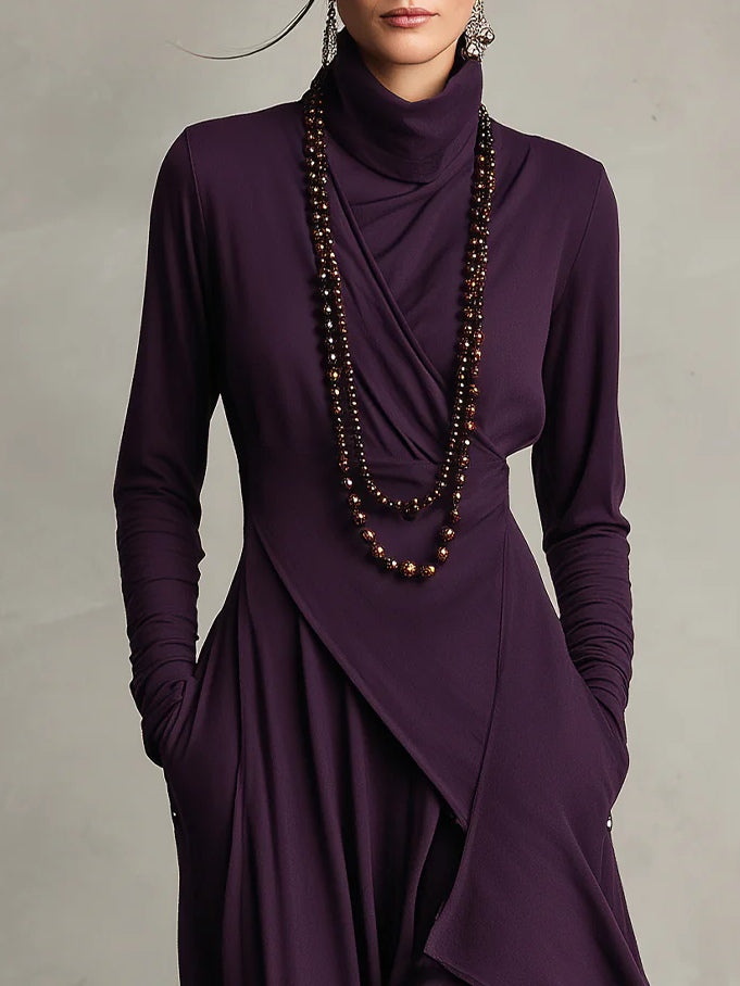 Funnel Neck Wrap Front Layered Handkerchief Hem Side Pocket Maxi Dress