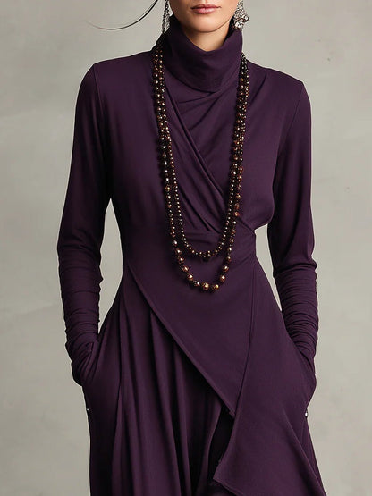 Funnel Neck Wrap Front Layered Handkerchief Hem Side Pocket Maxi Dress