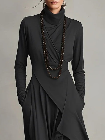 Funnel Neck Wrap Front Layered Handkerchief Hem Side Pocket Maxi Dress