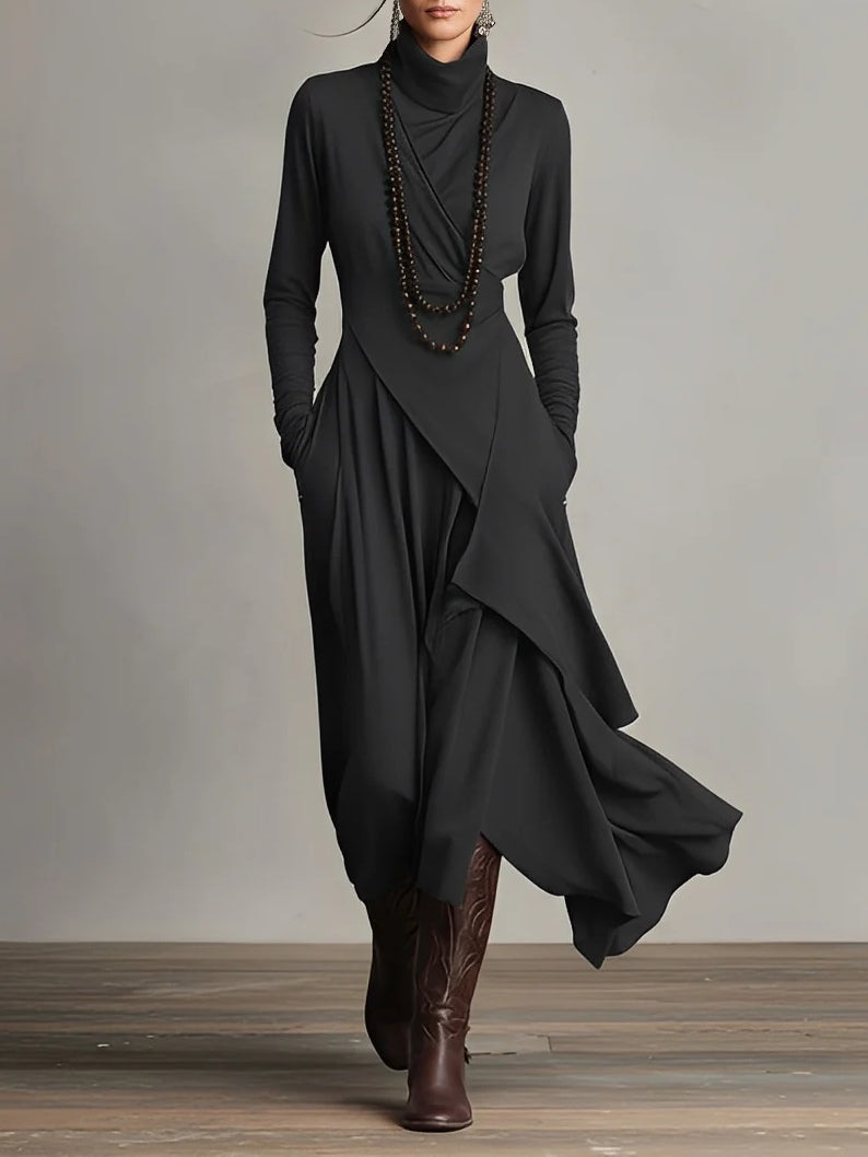 Funnel Neck Wrap Front Layered Handkerchief Hem Side Pocket Maxi Dress