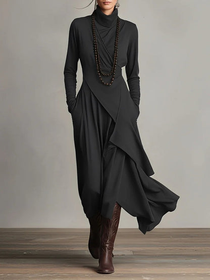 Funnel Neck Wrap Front Layered Handkerchief Hem Side Pocket Maxi Dress