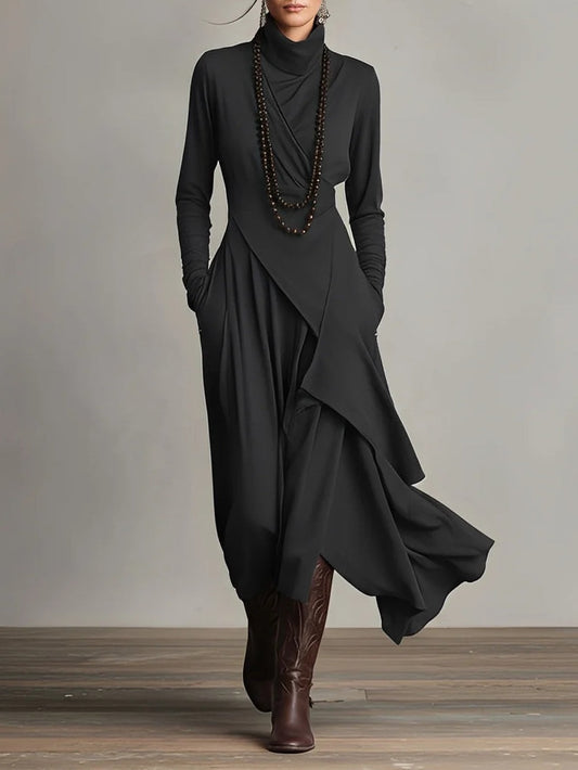 Funnel Neck Wrap Front Layered Handkerchief Hem Side Pocket Maxi Dress