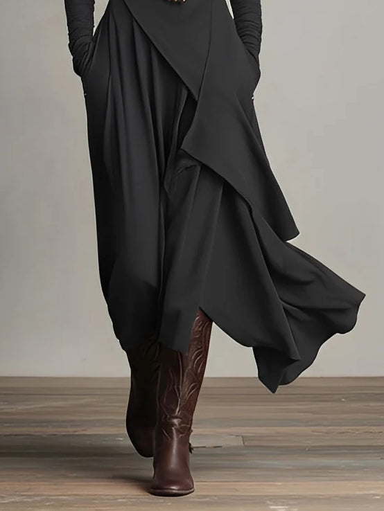 Funnel Neck Wrap Front Layered Handkerchief Hem Side Pocket Maxi Dress