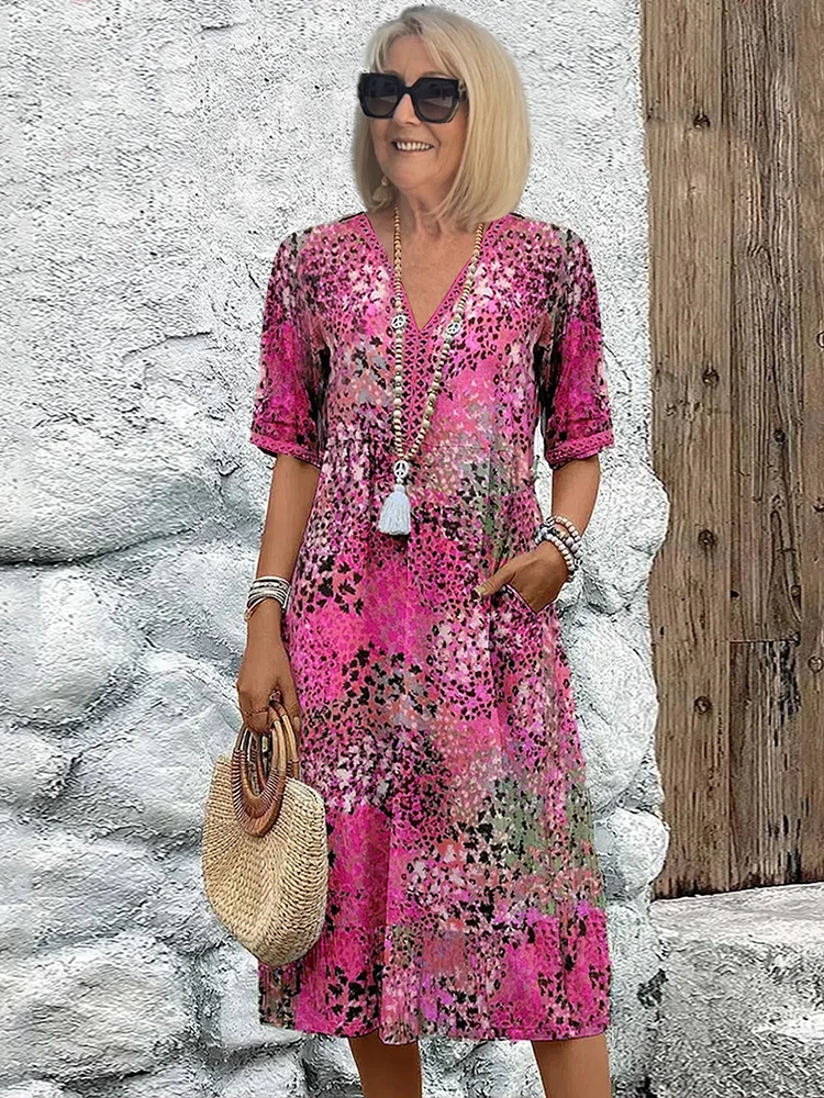 V Neck Half Sleeve Abstract Mosaic Print Pocket Midi Dress