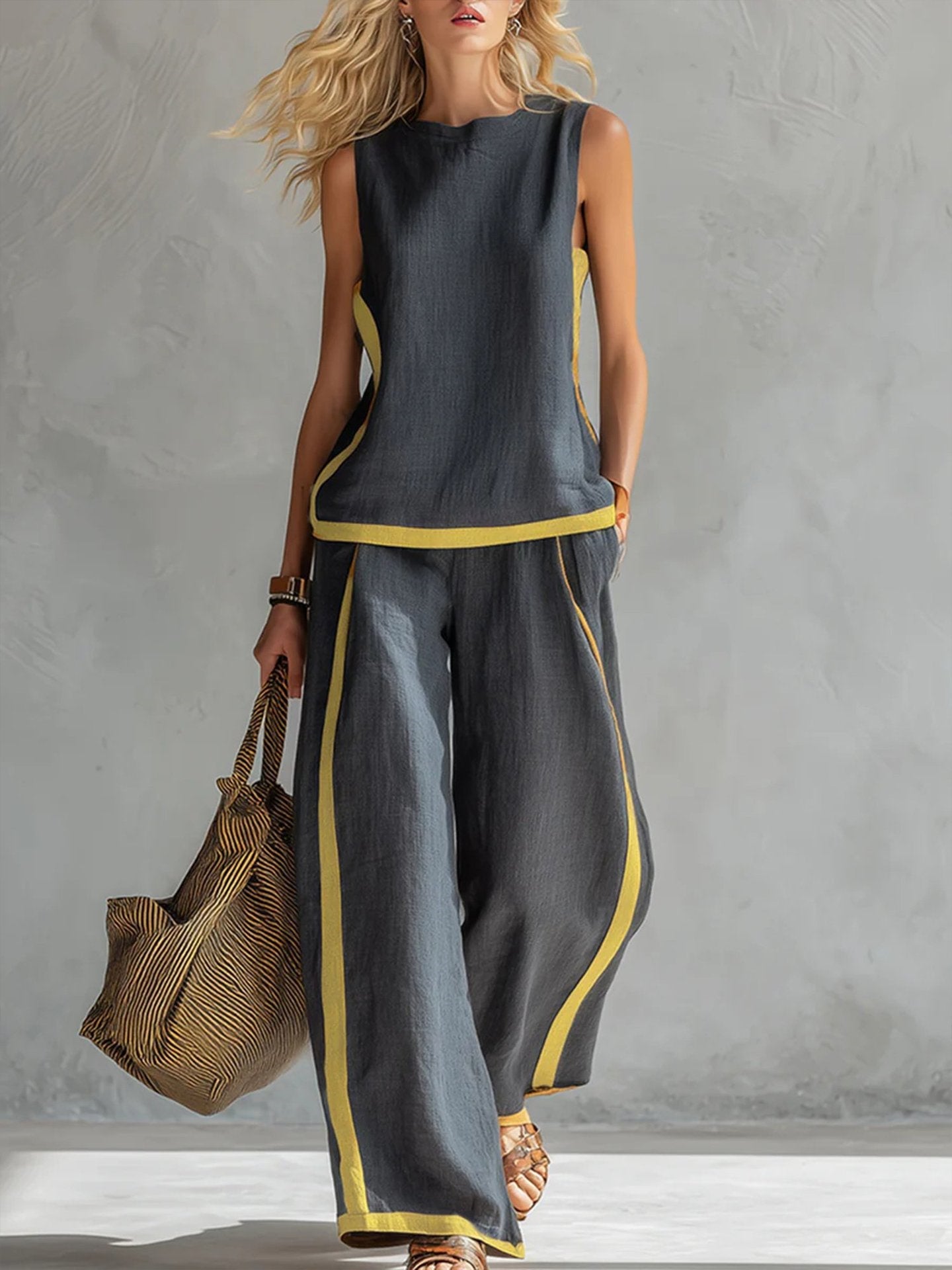 Color-blocked Geometric Pattern Casual Two-piece Women's Clothing
