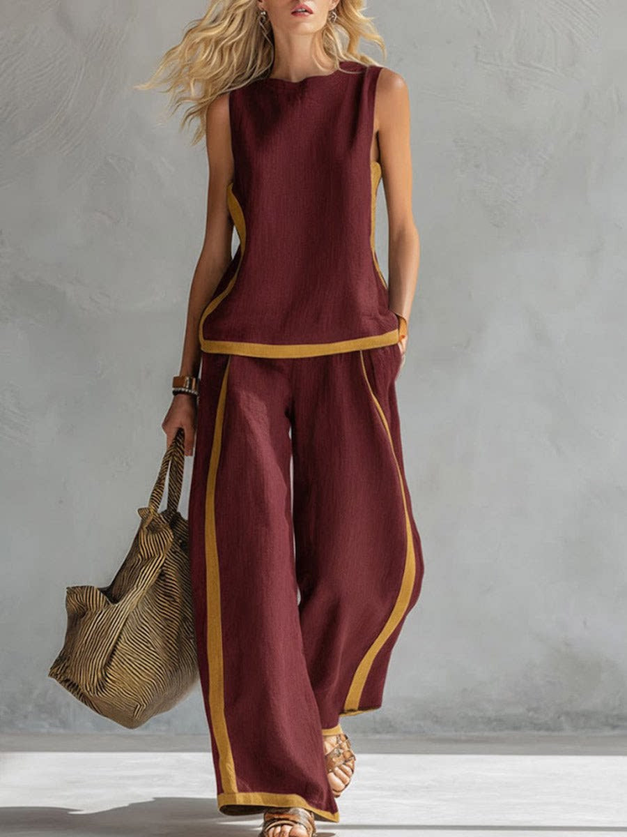 Color-blocked Geometric Pattern Casual Two-piece Women's Clothing