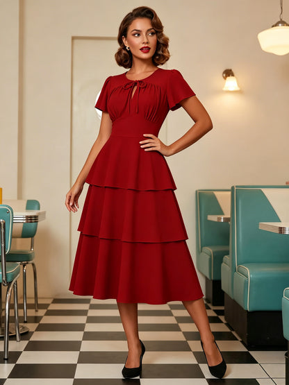Vintage Dress Women's Elegant Tiered Midi Dress Short Flutter Sleeve Tie Front Fit And Flare Dress