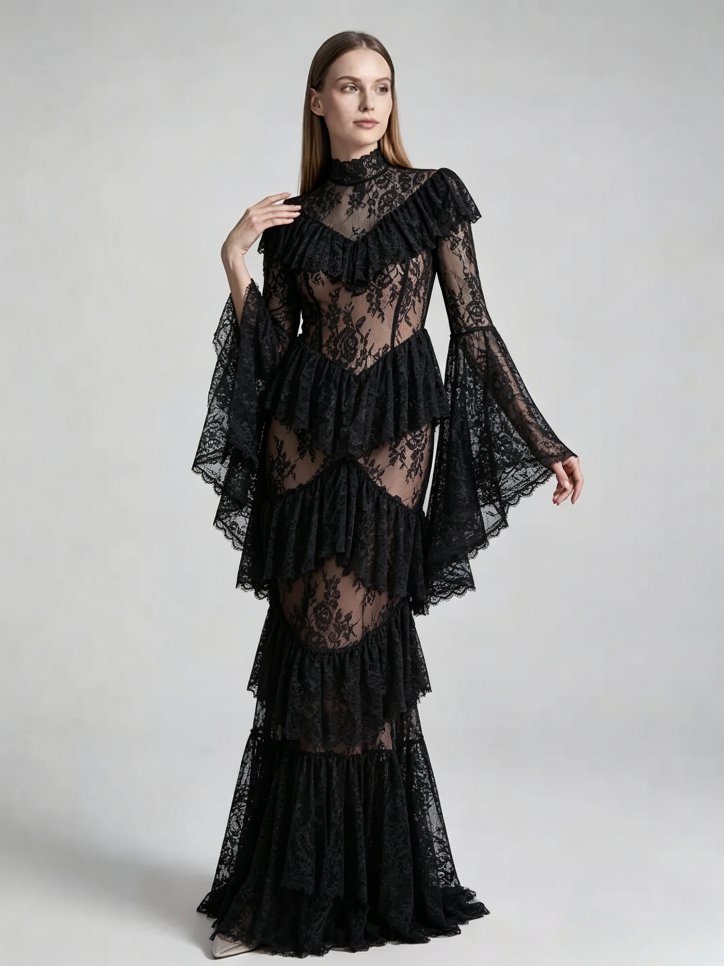 Party Dress Maxi White Stand Collar Lace Long Sleeves Shaping Flared Sleeves Chic Semi Formal Dress