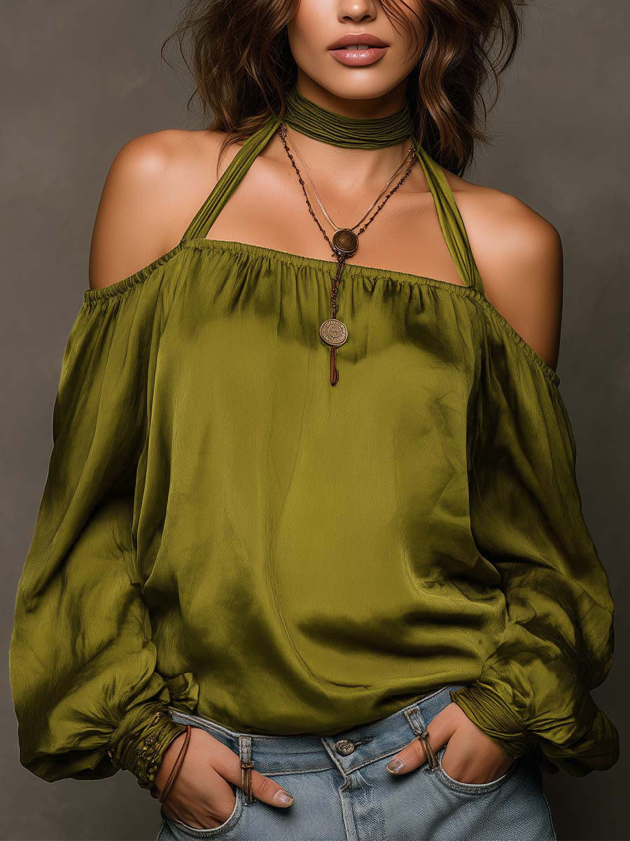 Solid Color Off-shoulder Solid Color Chiffon Blouse