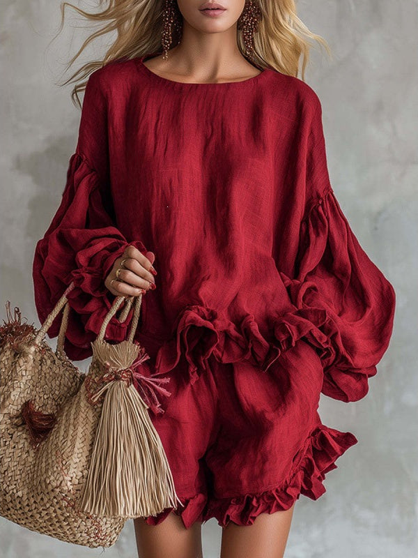 Ruffled Solid Color Two-piece Set