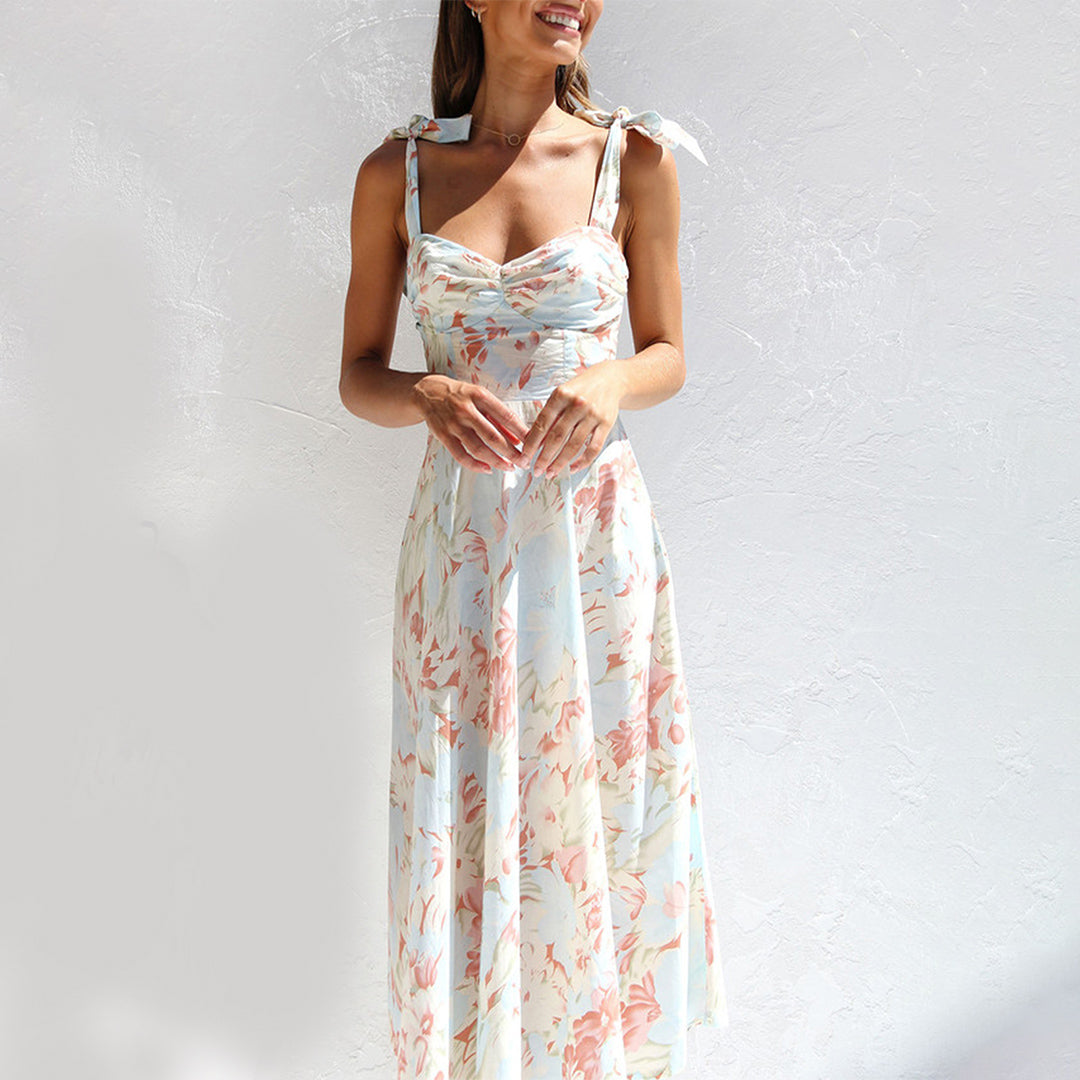 Floral Print Sweetheart Ruched Bust Tie-Shoulder A-Line Midi Dress