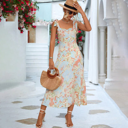 Floral Print Sweetheart Ruched Bust Tie-Shoulder A-Line Midi Dress