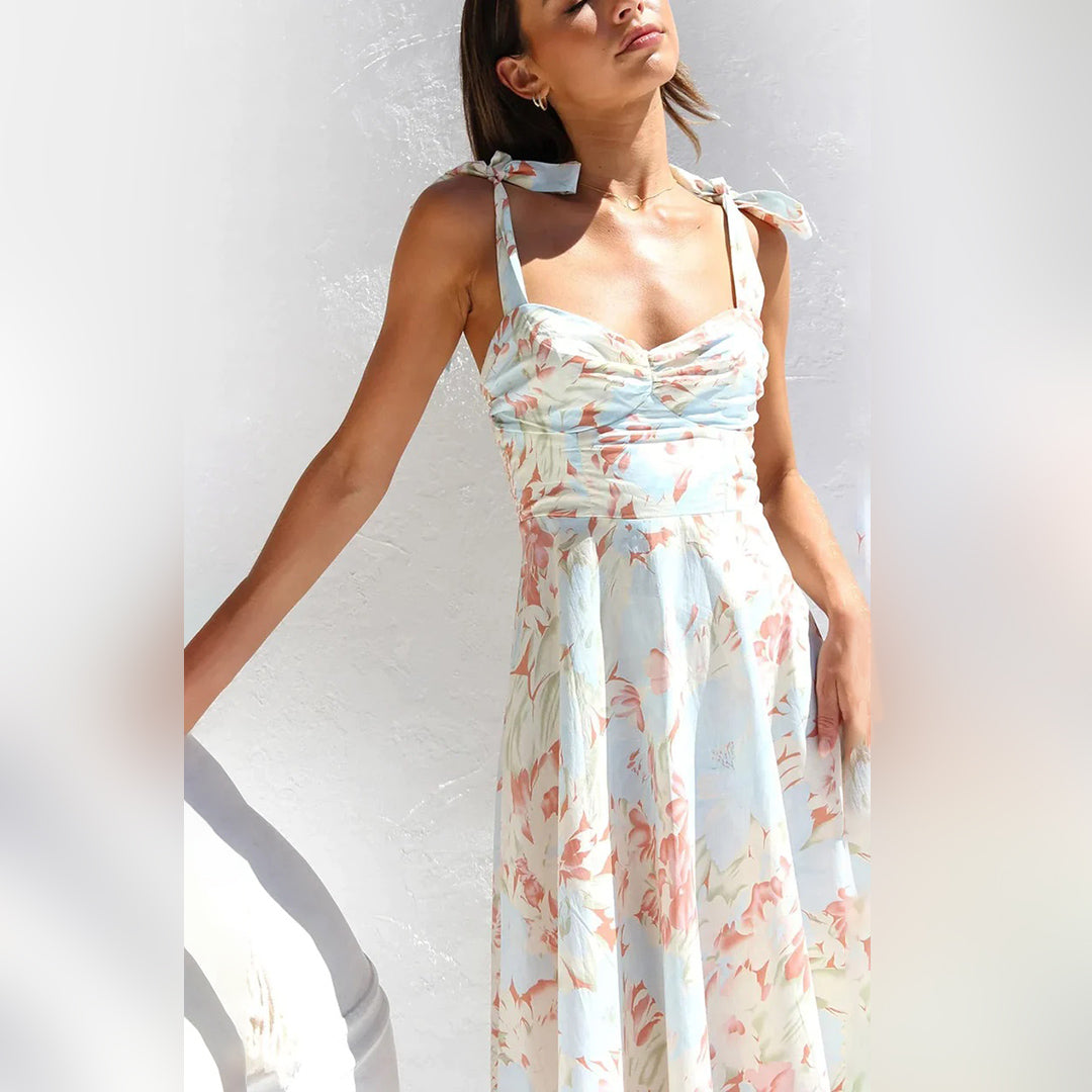 Floral Print Sweetheart Ruched Bust Tie-Shoulder A-Line Midi Dress