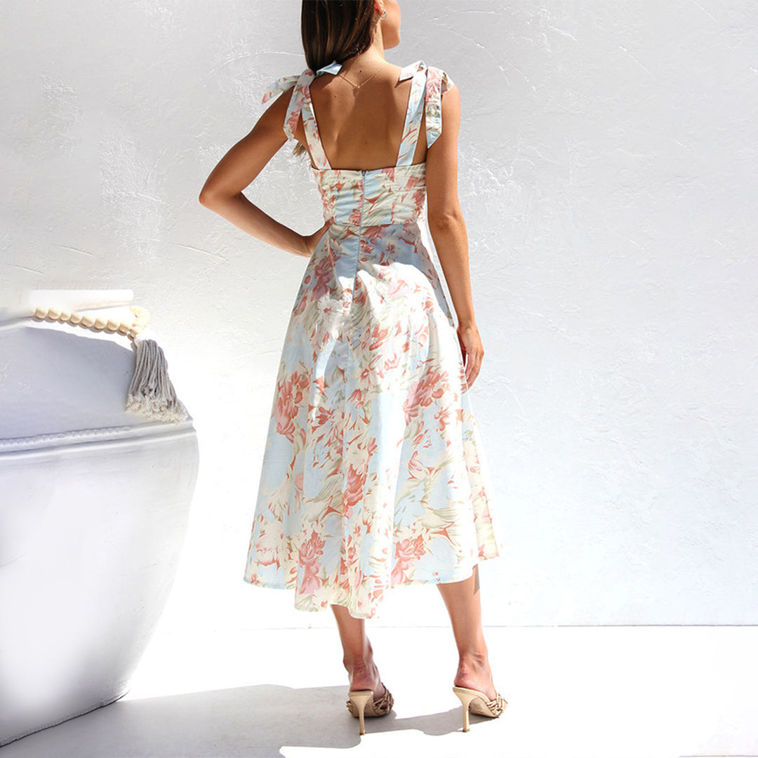 Floral Print Sweetheart Ruched Bust Tie-Shoulder A-Line Midi Dress