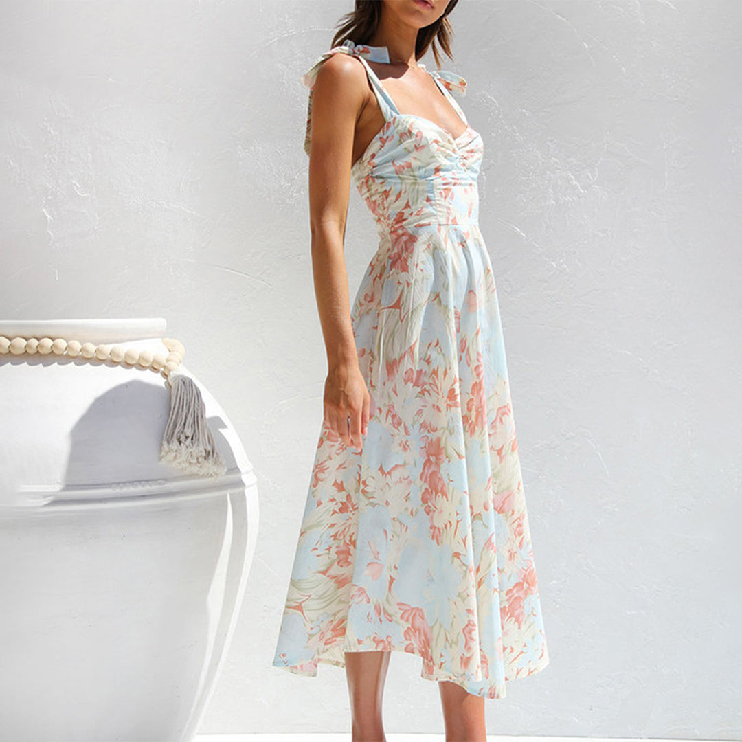 Floral Print Sweetheart Ruched Bust Tie-Shoulder A-Line Midi Dress